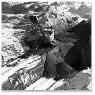Coal mining operation, black and white photo