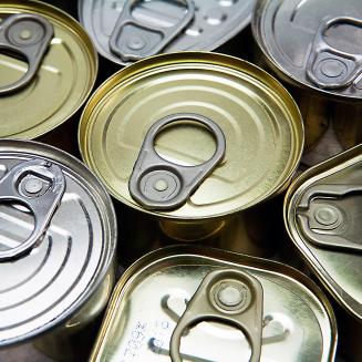 Several canned items viewed from above.