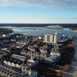 Aerial view of Virginia Beach - Chesapeake Bay beach with large, grassy dunes
