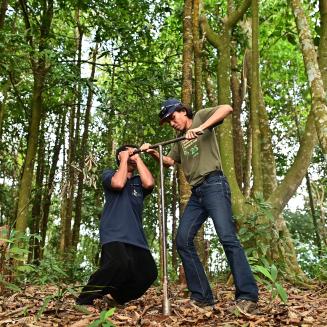 Two people take soil samples in a lush forest. Investing in forest preservation is a vital part of the effort to slow global warming.