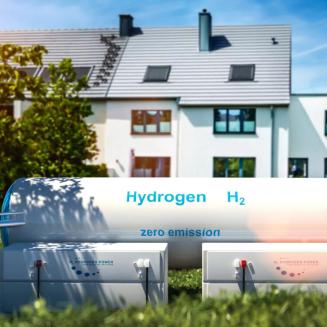 Hydrogen storage and solar panels in front of a building.
