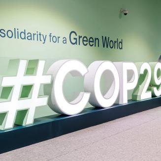 People walking by a COP29 logo, alongside a wall that says "In solidarity for a Green World."