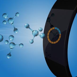 Illustration of a wearable chemical-detecting device, capturing and analyzing chemical exposures.