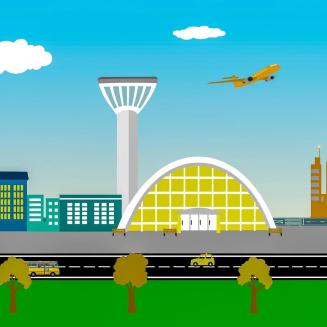 Illustration of a plane taking off at an airport.