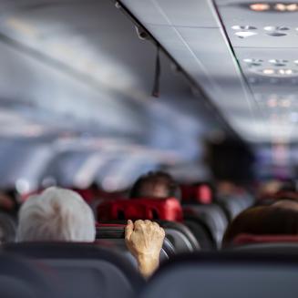 People sitting in a commercial airplane cabin.