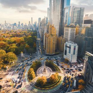 High-angle view of Central Park and 59th Street in New York City.