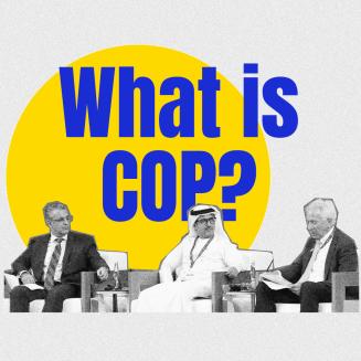 The words 'What is COP' displayed over speakers seated at a confernece.