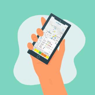 Illustration of a hand holding a smartphone displaying the Air Tracker map.