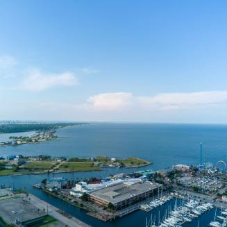 Aerial view of a harbor in Galveston, Texas, in the United States.