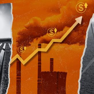 Illustration showing pollution and a line graph with an arrow pointing up to indicate rising costs.