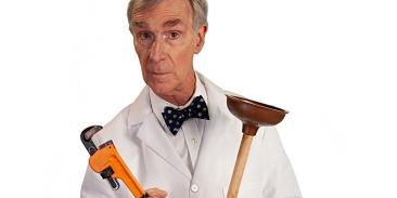 Bill Nye holding a wrench in one hand and a plunger in the other