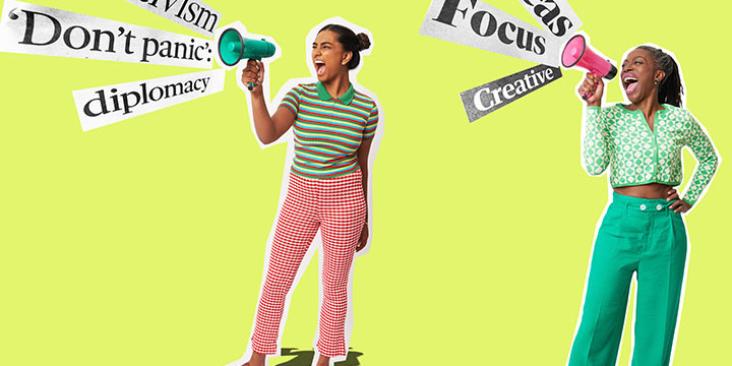 A graphic of two women shouting into megaphones with the words 