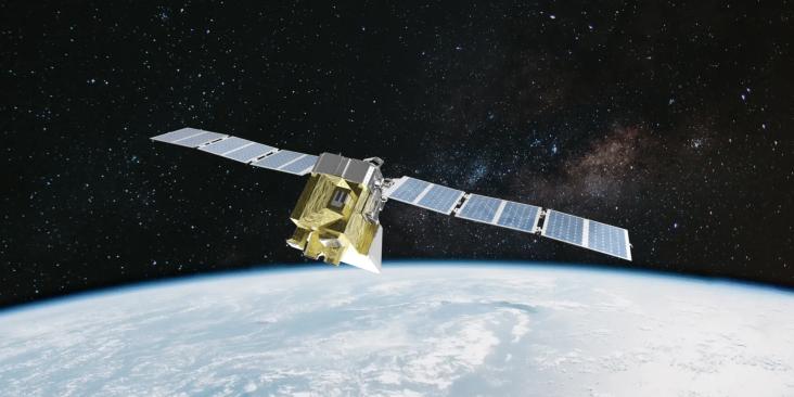 Rendering of MethaneSAT above the Earth.