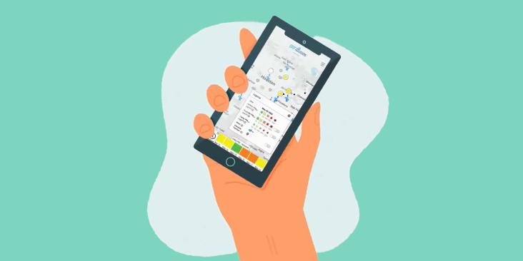 Illustration of a hand holding a smartphone displaying the Air Tracker map.