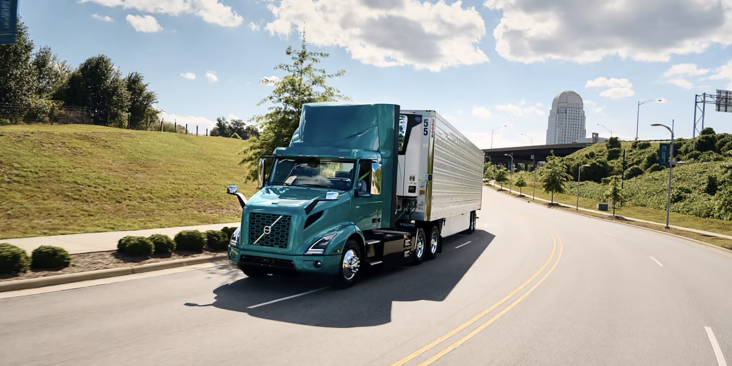 Volvo electric truck driving on highway