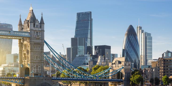 London's financial district, including the Tower Bridge.