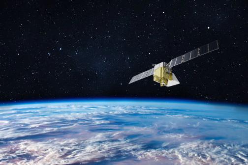 A rendering of Methane SAT flying over the Earth