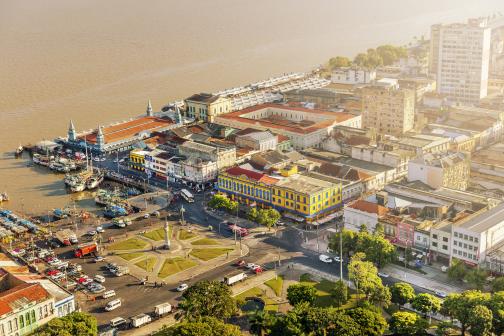 Overhead view of seaside buildings in Belém.