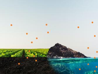 Illustration of farmland and ocean capturing carbon from the air