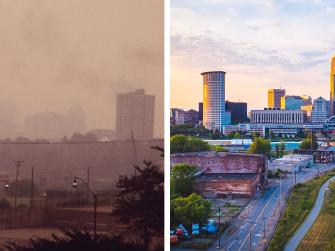 Smog obscures the Cleveland skyline in a 1973 photo (left) with a much clearer modern view (right).