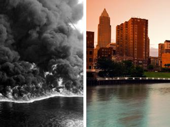 Cleveland’s Cuyahoga River on fire (left) and a modern-day view (right).