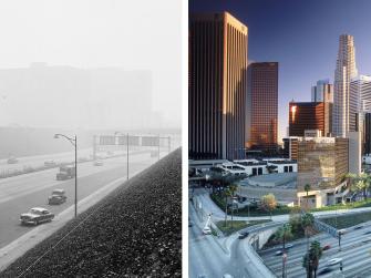 Los Angeles historical view of a highway with thick smog (left) and a much clearer modern view (right).