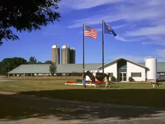 Photograph of Crave family farm buildings in the sunshine