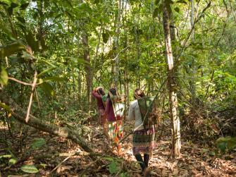 Kayapo women trek in the Amazon rainforest in Mato Grosso, Brazil