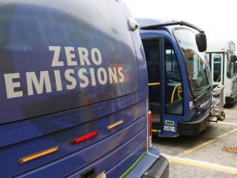Bus labeled zero emissions on rear window