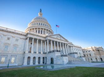 Low angled view of the U.S. Capitol East Facade Front in Washington, DC.