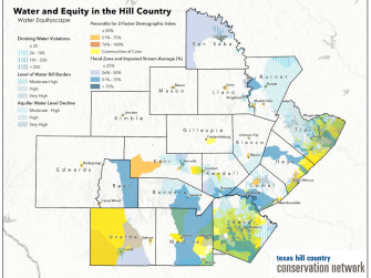 Water Equityscape combining Communities-At-Risk and water challenges in the Texas Hill Country. See p77-80 of full study for more on this map. 