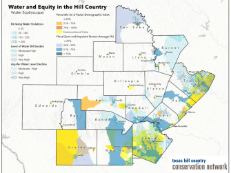 Water Equityscape combining Communities-At-Risk and water challenges in the Texas Hill Country. See p77-80 of full study for more on this map.