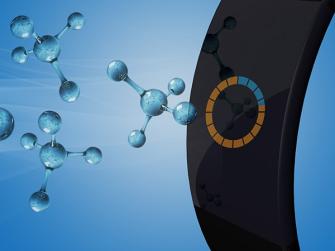 Illustration of a wearable chemical-detecting device, capturing and analyzing chemical exposures.
