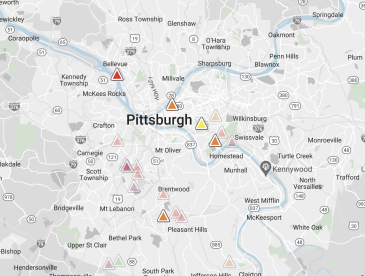 Screenshot from the Air Tracker tool showing a map of the Pittsburgh area