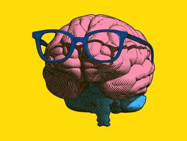 Digital illlustration of a pink brain wearing blue glasses against a yellow background