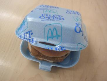 Sandwich in a McDonald's foam clamshell.