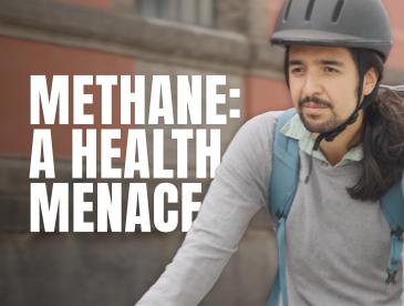 A scientist biking. The words, "Methane: A Health Menace" are in the background.