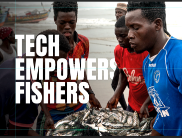 Fishers on the coast, holding a catch of small fish. The words "tech empowers fishers" overlay the scene.