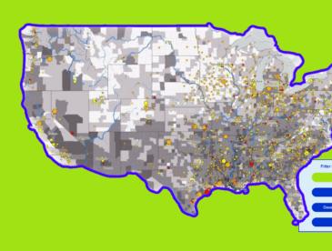 U.S. map with dots indicating chemical exposures, spread throughout many regions..