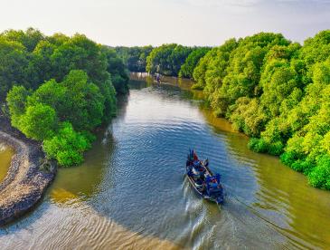 A stream runs through a lush, forested region, with people navigating the waterway in small boats.