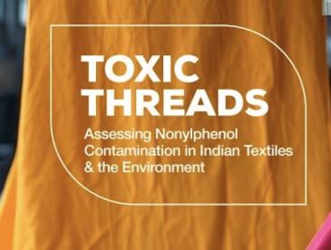 The words 'Toxic Threads' overlaying brightly colored cloth.