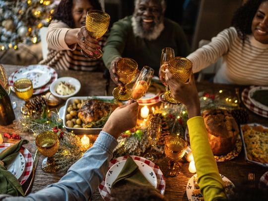 Family toasting over an elaborate meal