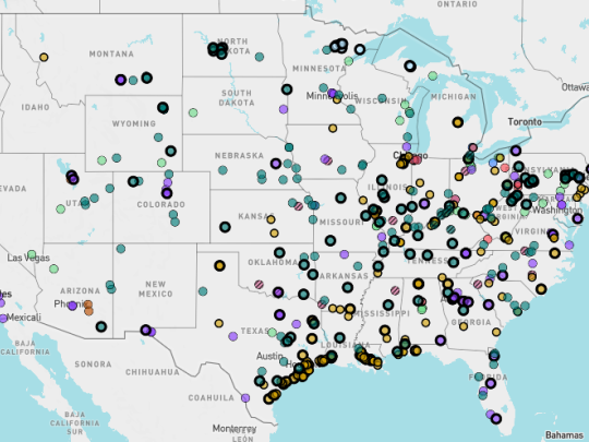 A screenshot of a Polluter Pass Map showing places that have been granted pollution exemptions in the U.S.