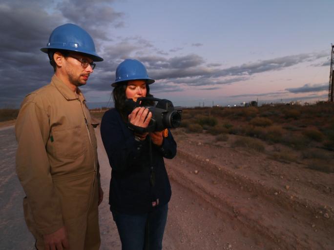 Methane hunters Dr. David Lyon and Dr. Anna Robertson on-site in the Permian Basin