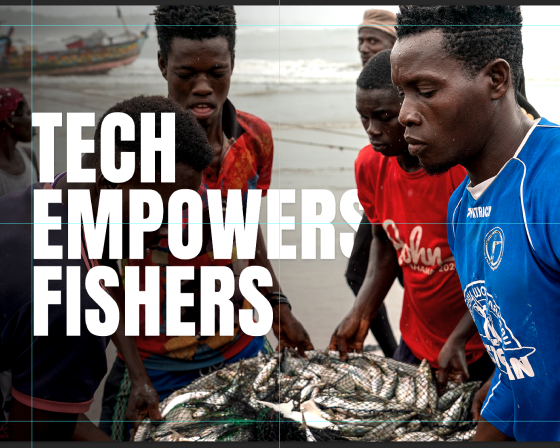 Fishers on the coast, holding a catch of small fish. The words "tech empowers fishers" overlay the scene.