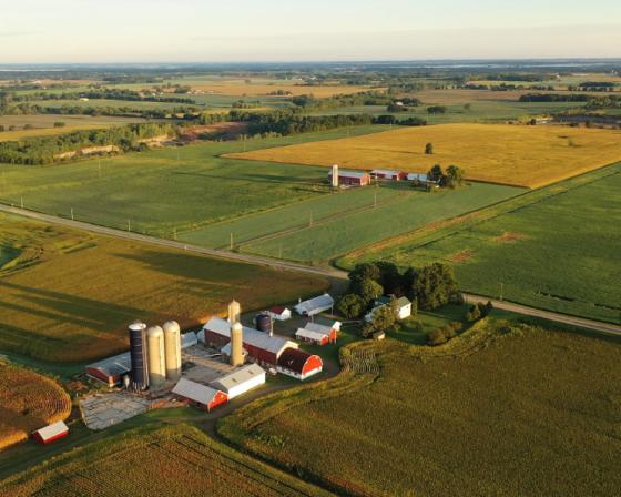 A farm with red barns and silos, viewed from overhead.