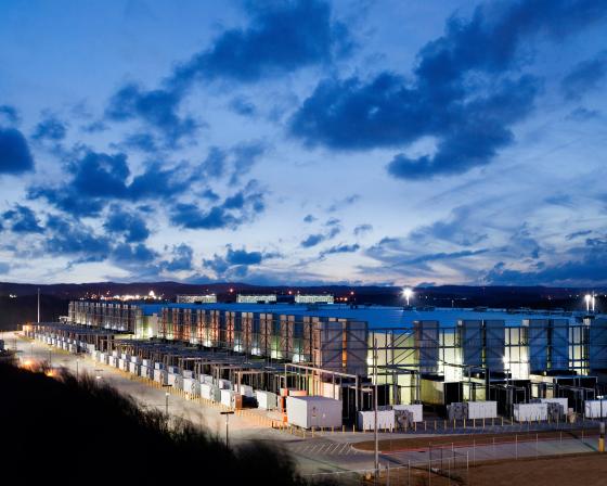 A large Google data center is pictured at dusk in Douglas County, Georgia.