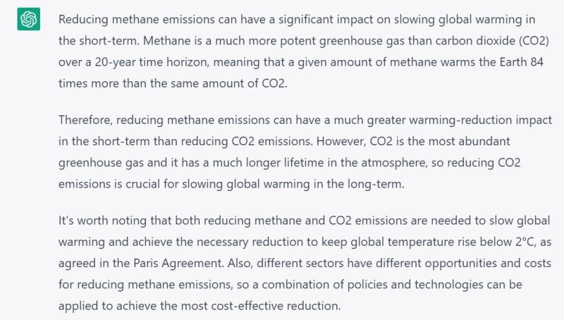 The ChatGPT output on methane
