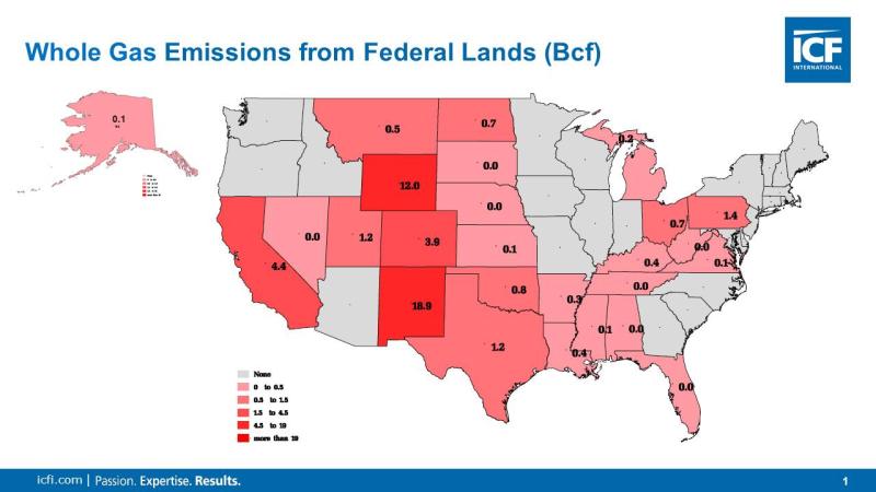 Map showing Whole gas emissions from U.S. Federal Lands by state, in BcF of natural gas.