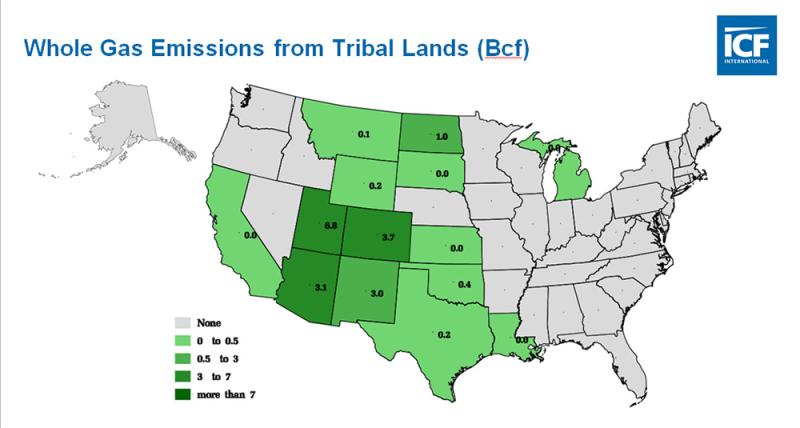 Whole gas emissions from U.S. Tribal Lands by state, in BcF of natural gas.